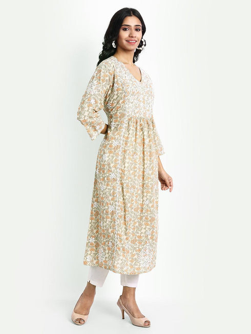 Hand embroidery Chikankari V Neck Anarkali Dress | Long Kurti in Cotton For Women